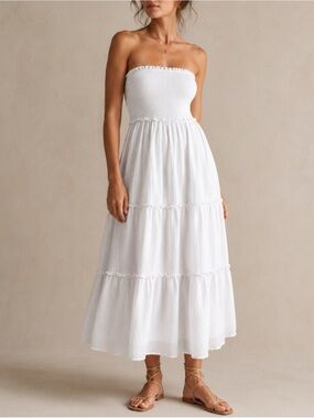 Strapless White Smocked Tiered Maxi Dress
